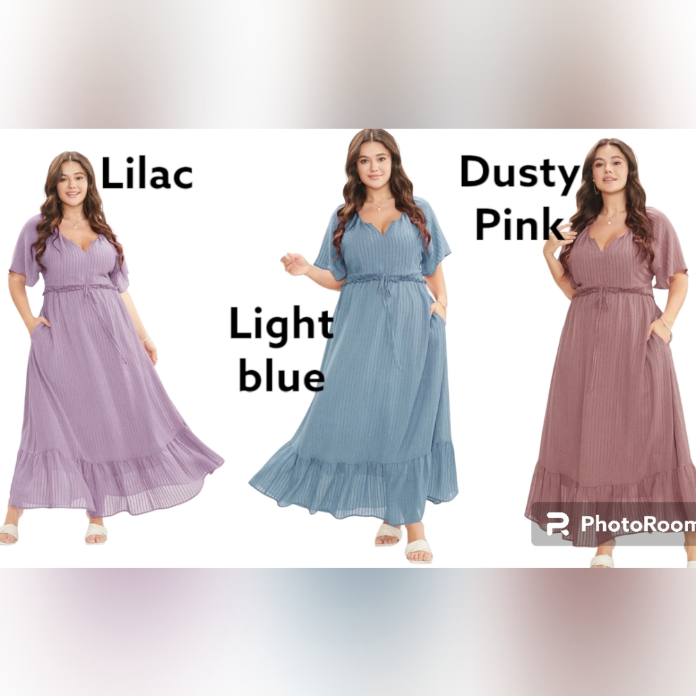 🛑Flutter Maxi Dress,Solid Striped Notched Ties Up with Pockets